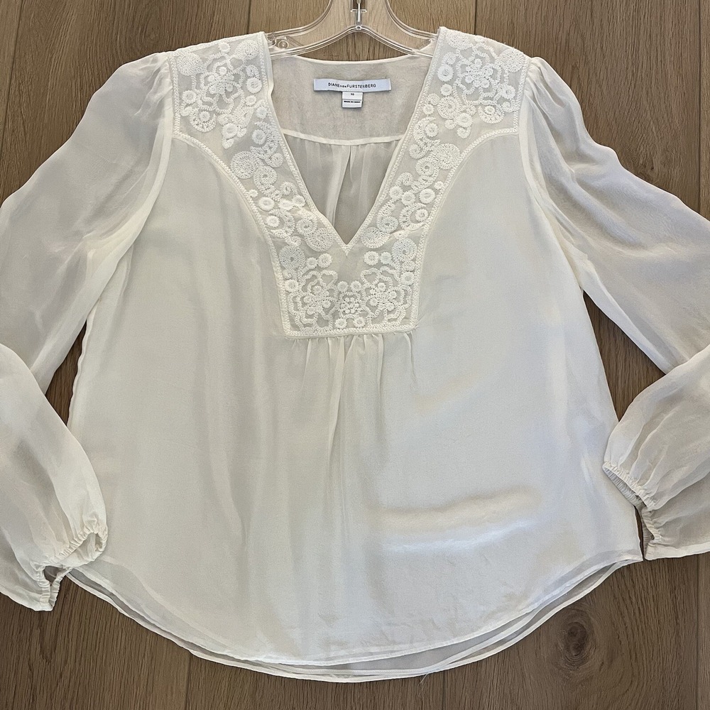 DVF Diane von Furstenberg Silk Boho Embroidered Peasant Blouse White Size 10